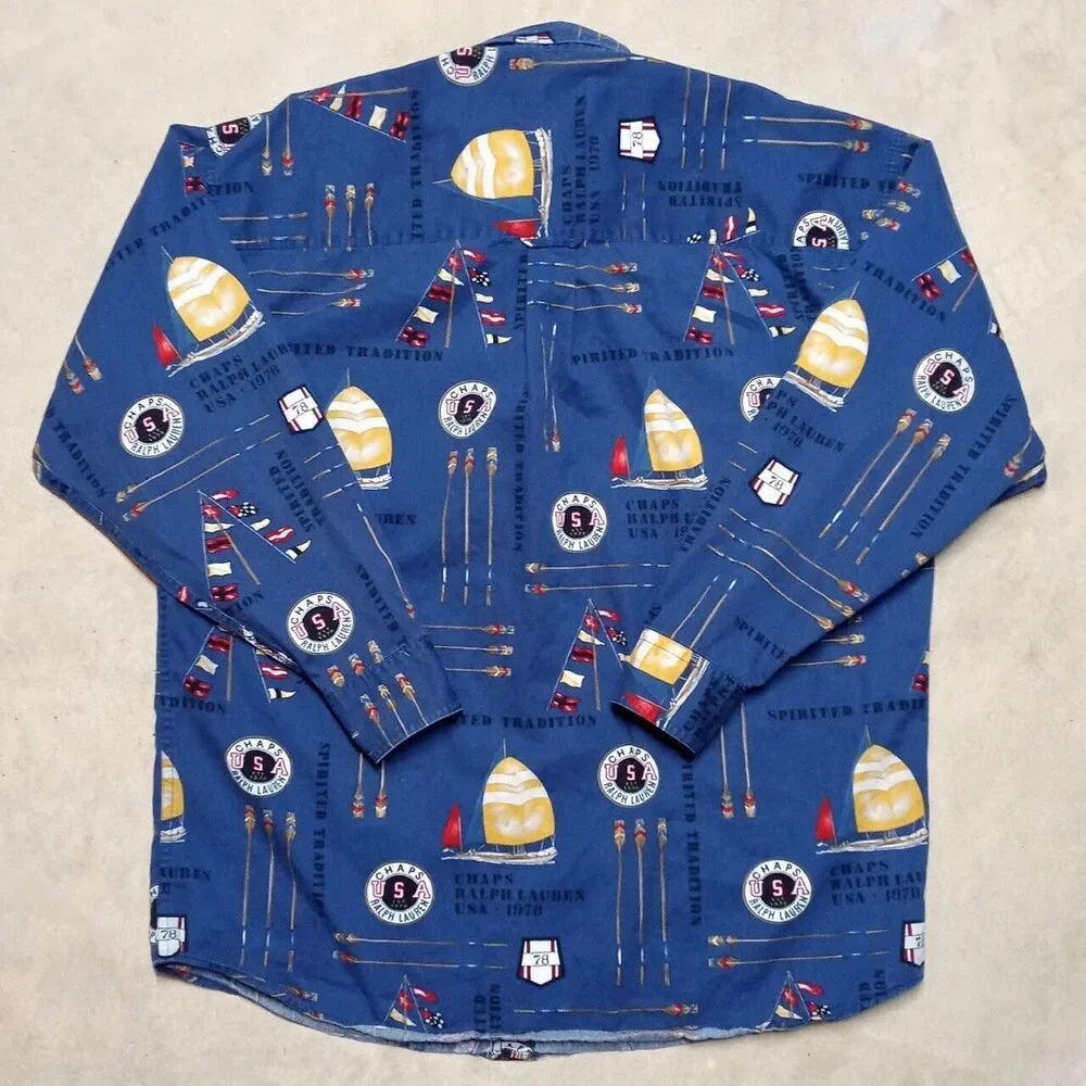 Vintage Chaps Ralph Lauren Sail Boat Yacht USA Flags Button Down Shirt Men Large